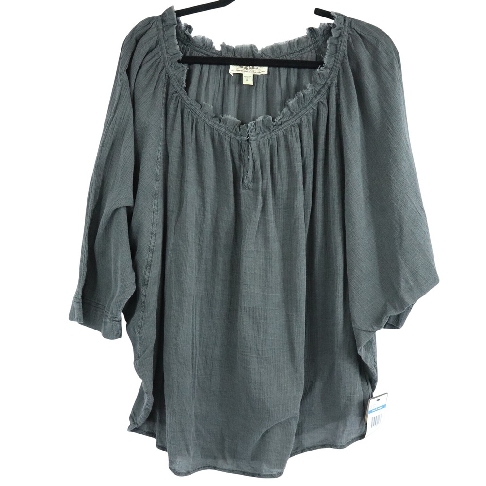 NEW VAC Nine West Gray Blouse Boho Lagenlook Gauze Raw Hem 100% Cotton Womens XL